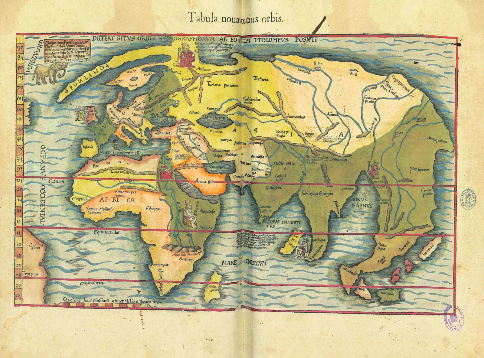 1. Mapa de la Tierra realizado en 1541 según las proyecciones de Ptolomeo. 2. Vista de una de las estancias de la exposición. 3. Planisferio celeste de Frederick de Wit (c. 1688). 4. Especulaciones sobre el interior de la Tierra en 'Mundus subterraneus' de Athanasius Kircher (1678). 5. Imagen extraída del 'Atlas completo de anatomía humana descriptiva' (1892) de Magín Cabanellas. 6. El Paraíso Terrenal, en el Beato de Liébana, códice de Fernando I y doña Sancha (1047). 7. La Tierra Prometida en 'Atlas ou representation du Monde Vniversel' de Gerard Mercator (1633).
