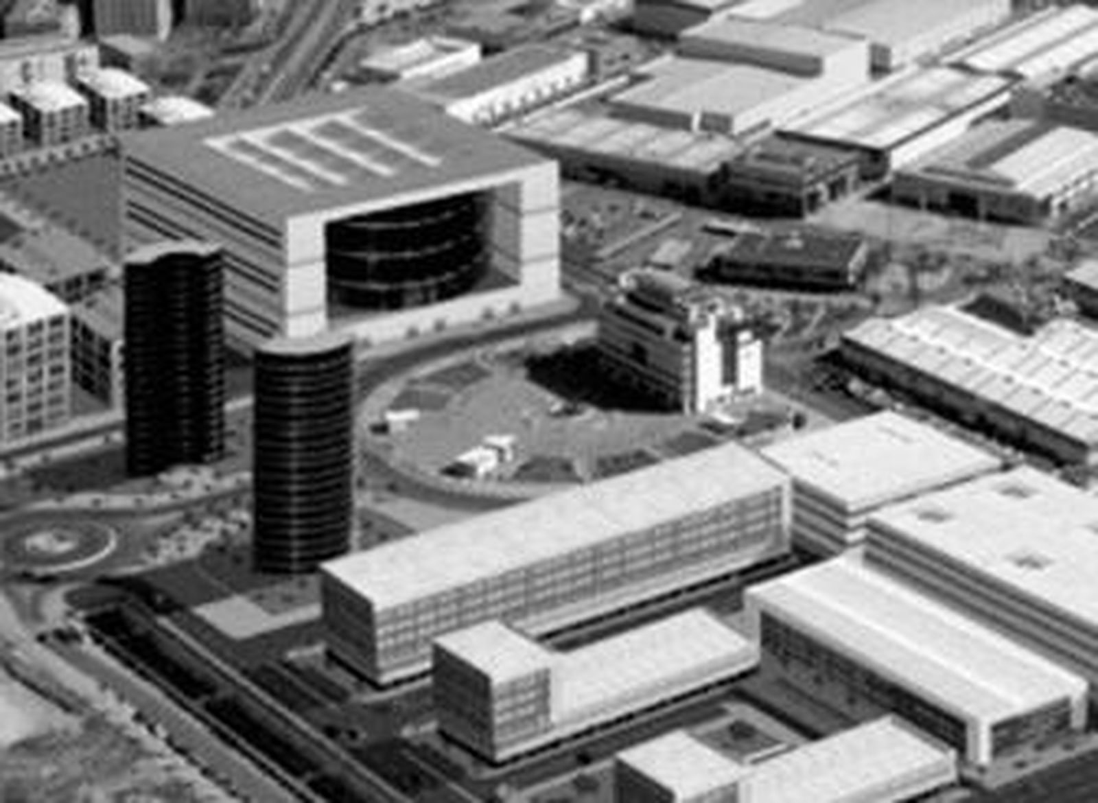 Recreación del proyecto de la tribuna del estadio Carranza a la izquierda, donde aparece parte de la pasarela que conectaría con la plaza de Madrid.