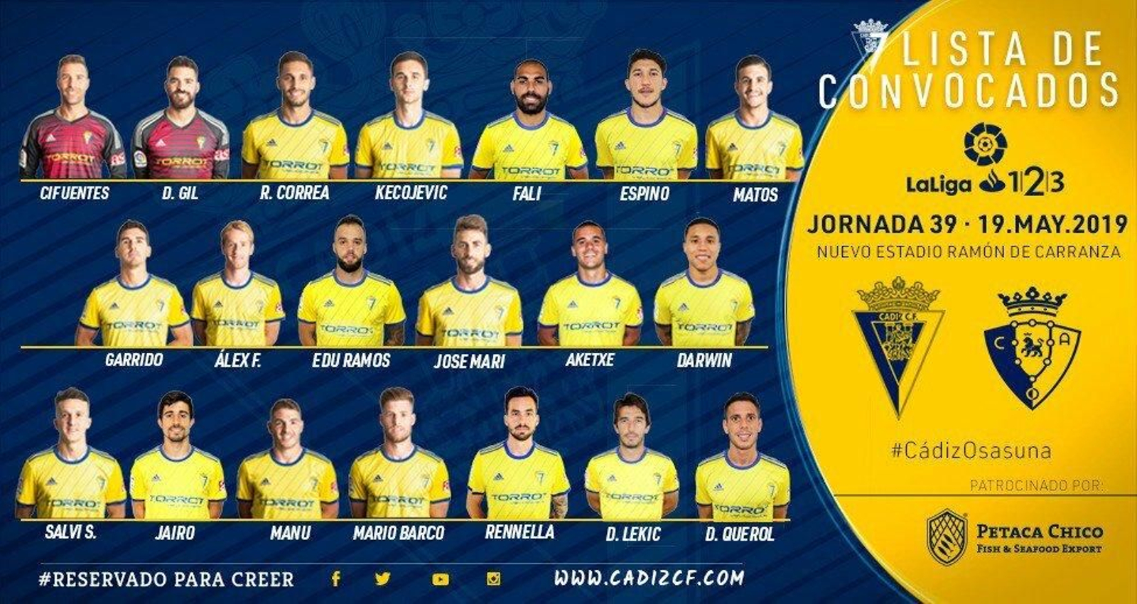 Los 20 jugadores convocados para el partido contra el Osasuna.