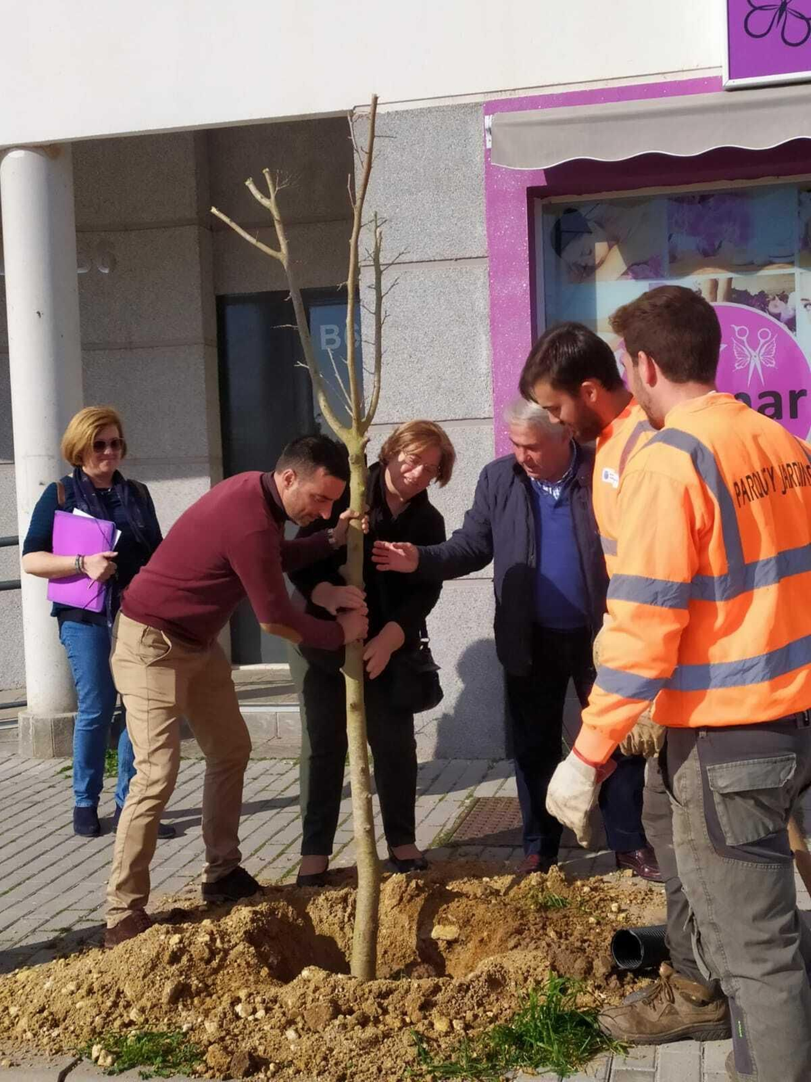 El delegado José Antonio Díaz, técnicos y vecinos, durante la plantación de nuevos árboles.