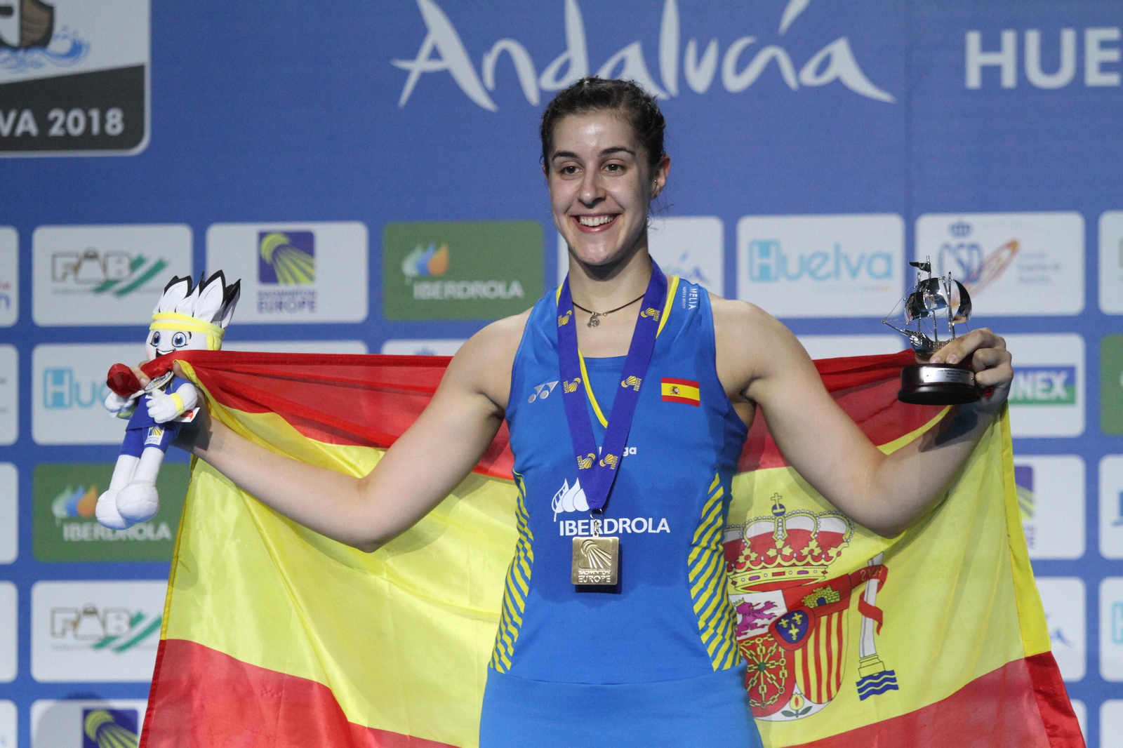 Partido y victoria de Carolina Marín en el Europeo de Bádminton celebrado en Huelva