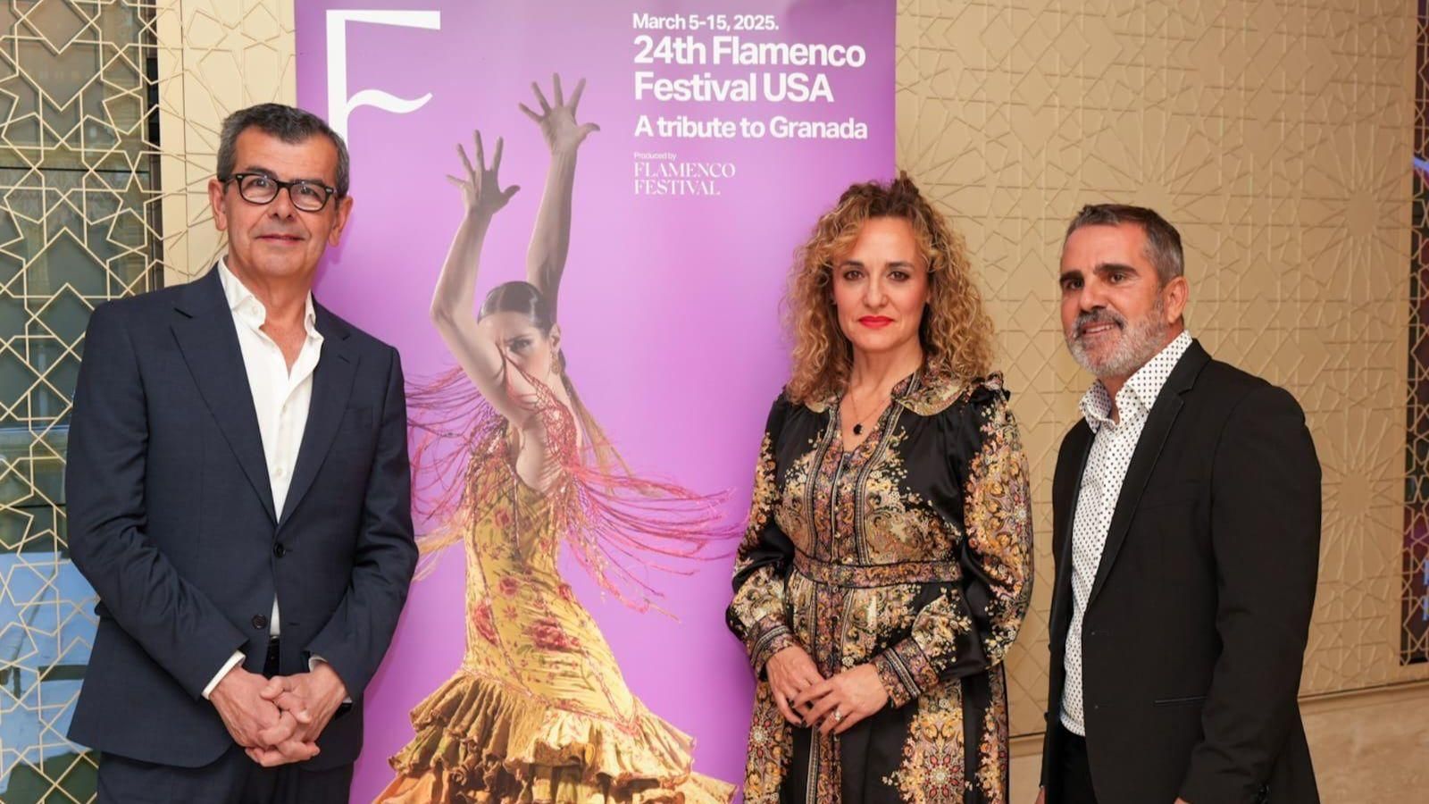 La diputada Marta Nievas y el concejal de Cultura Juan Ramón Ferreira junto al cartel del Festival de Flamenco en Nueva York