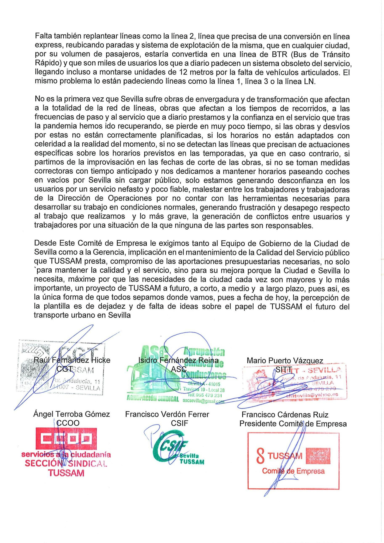 Segunda página del escrito del comité de empresa de Tussam