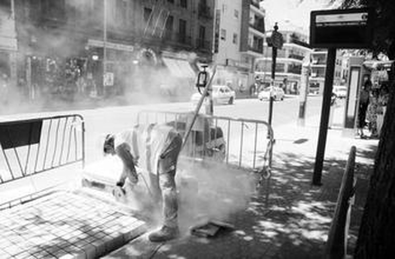 Operarios ultiman las nuevas paradas instaladas en la Plaza Ponce de León.