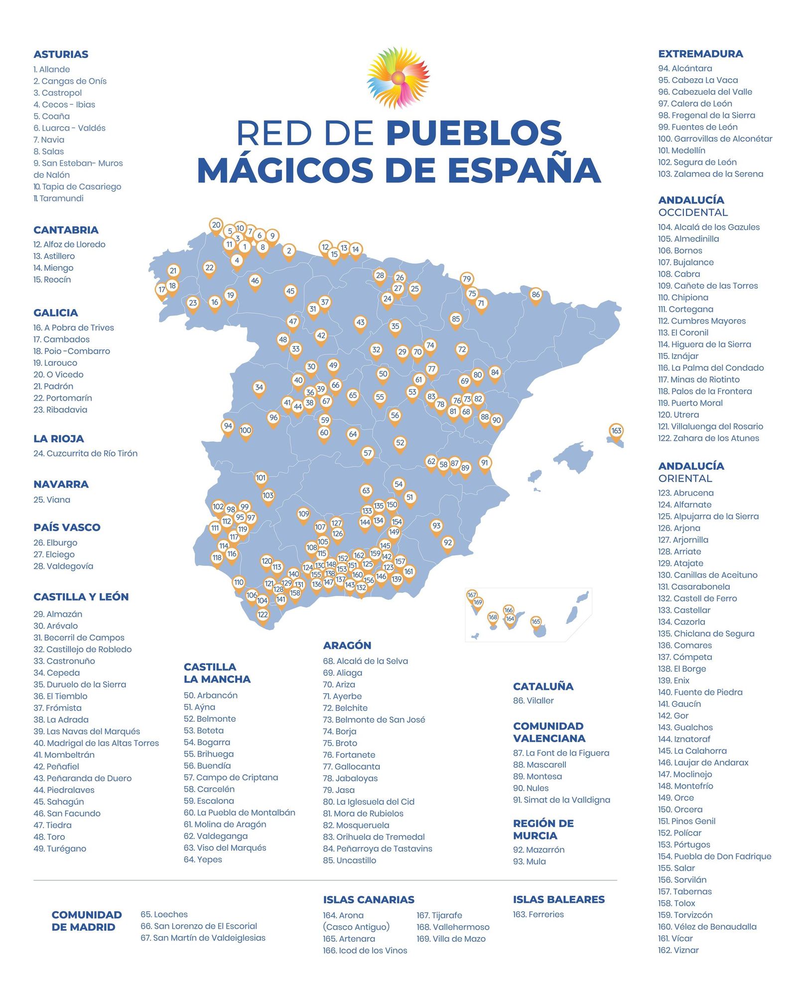 El mapa donde se pueden consultar geográficamente la ubicación de todos los Pueblos Mágicos de España proclamados como tal hasta la fecha.