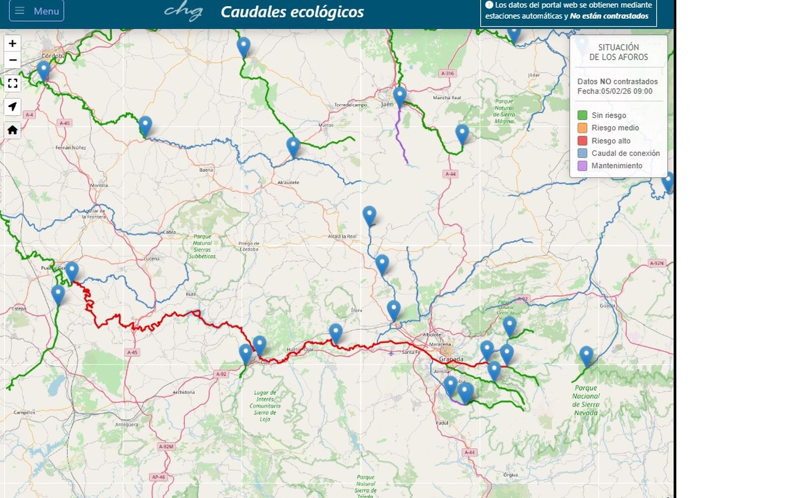 Río Genil señalado con riesgo alto por la CHG por la crecida de estas últimas horas.