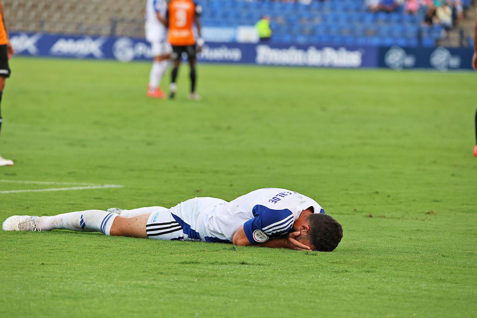 Luis Alcalde se lamenta sobre el terreno de juego durante el Recre-Fuenlabrada. Luis Alcalde se lamenta sobre el terreno de juego durante el Recre-Fuenlabrada.