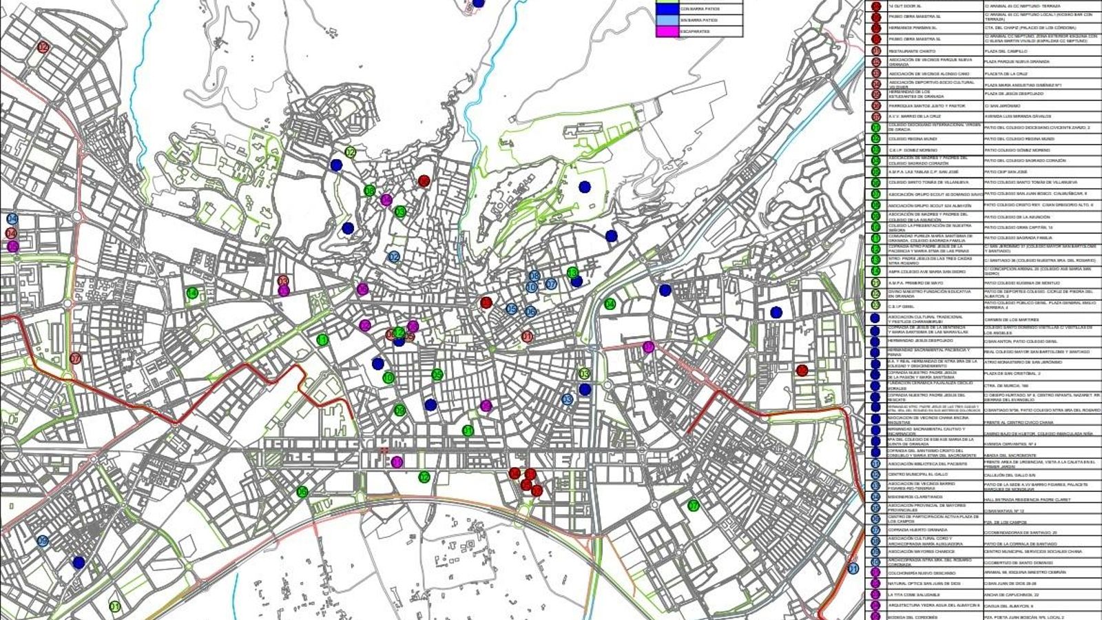 Mapa de las cruces de mayo en Granada.