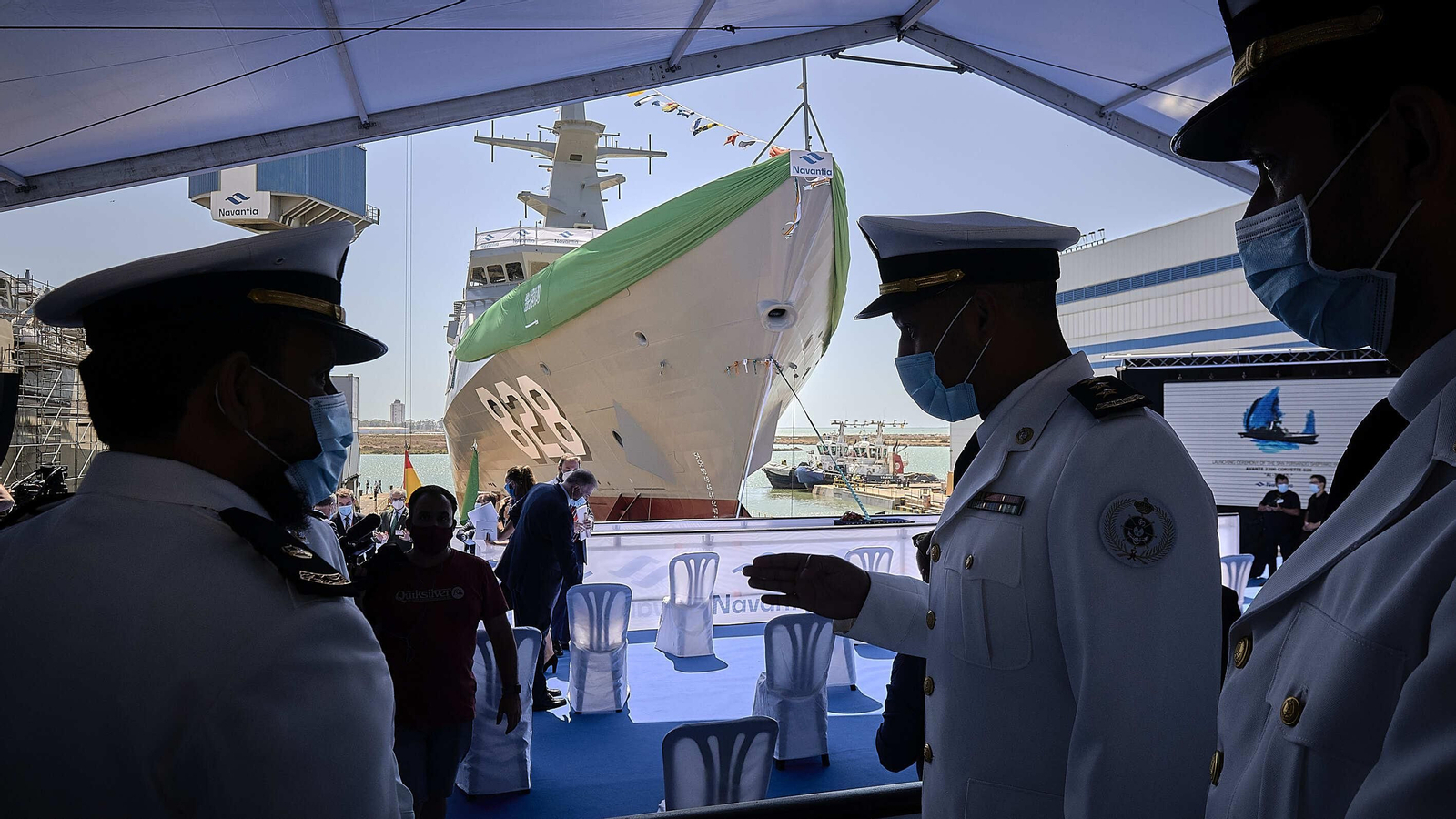 Botadura de  Al-Jubail, la primera de las cinco corbetas que Navantia construye para Arabia Saudí en el astillero de San Fernando.