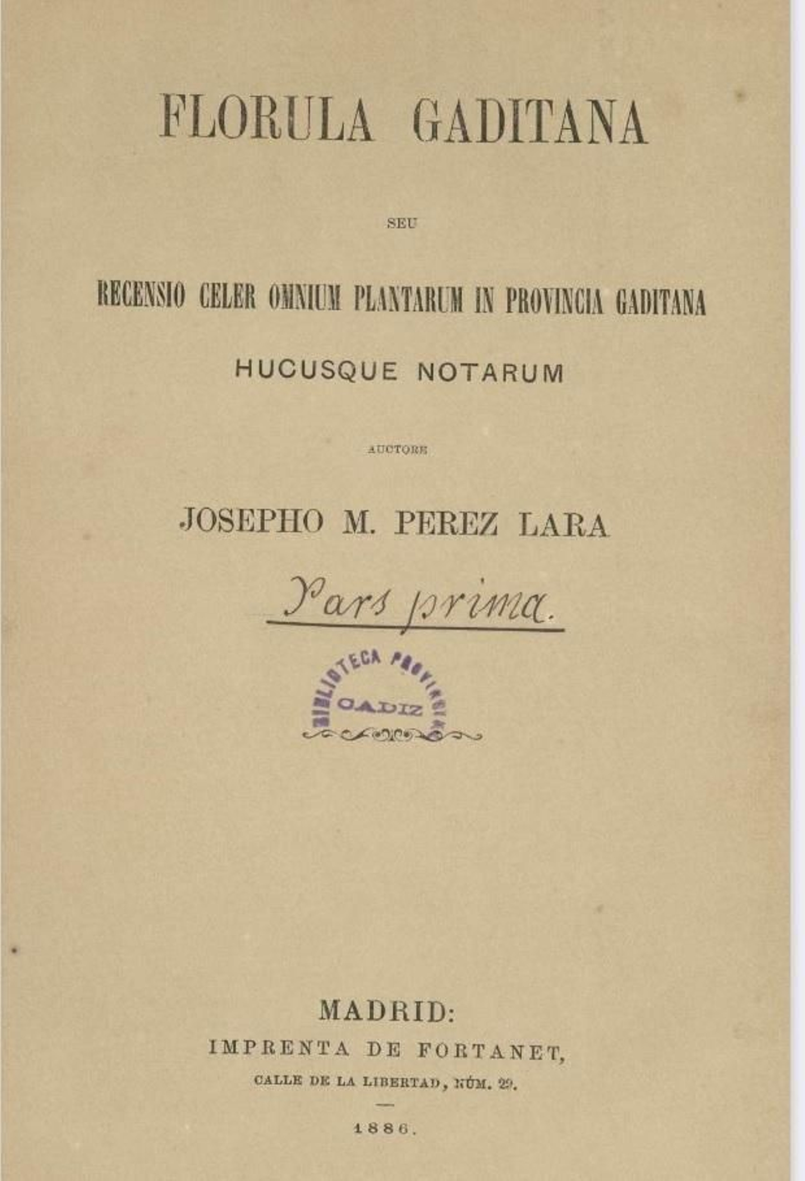 Portada de su Florula Gaditana, 1886.