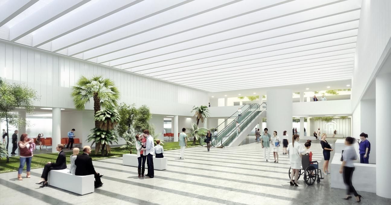 Imagen virtual del interior de la edificación proyectada, con amplios espacios comunes para los usuarios.