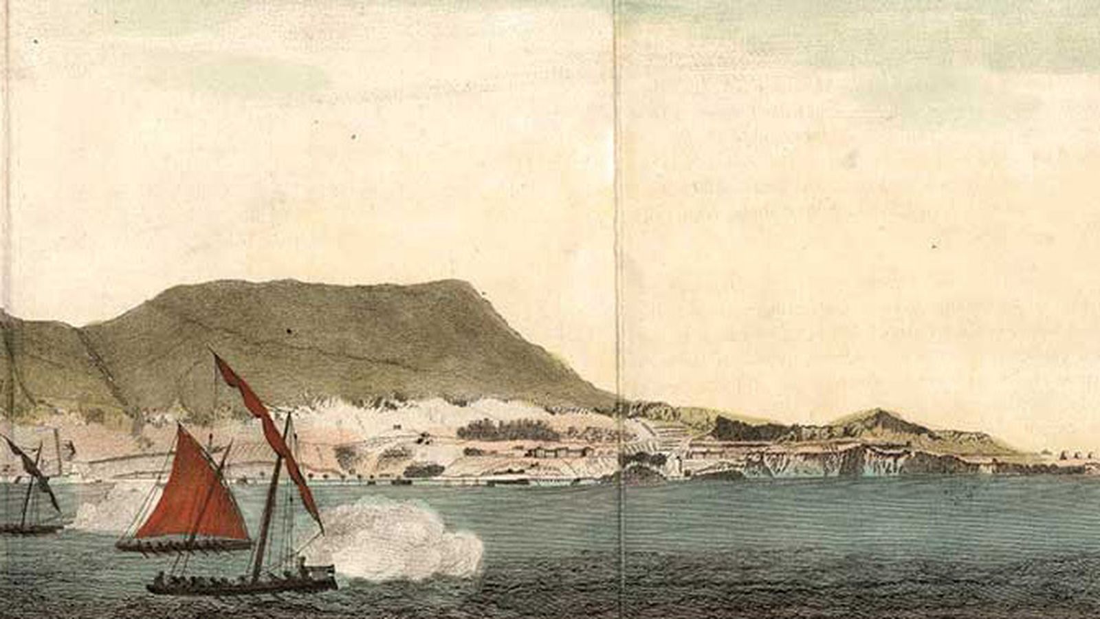 Lanchas cañoneras de Barceló hostigando a un navío inglés durante el asedio a la plaza de Gibraltar de 1779 a 1783 (Grabado de Roberts, 1785).