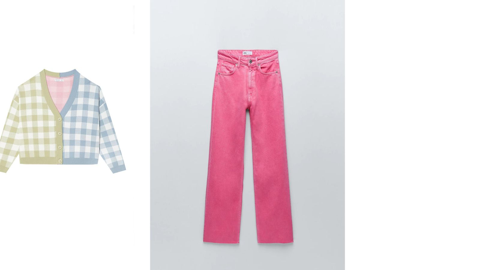 La chaqueta de cuadros de Stradivarius con los vaqueros rosas de Zara. La chaqueta de cuadros de Stradivarius con los vaqueros rosas de Zara.