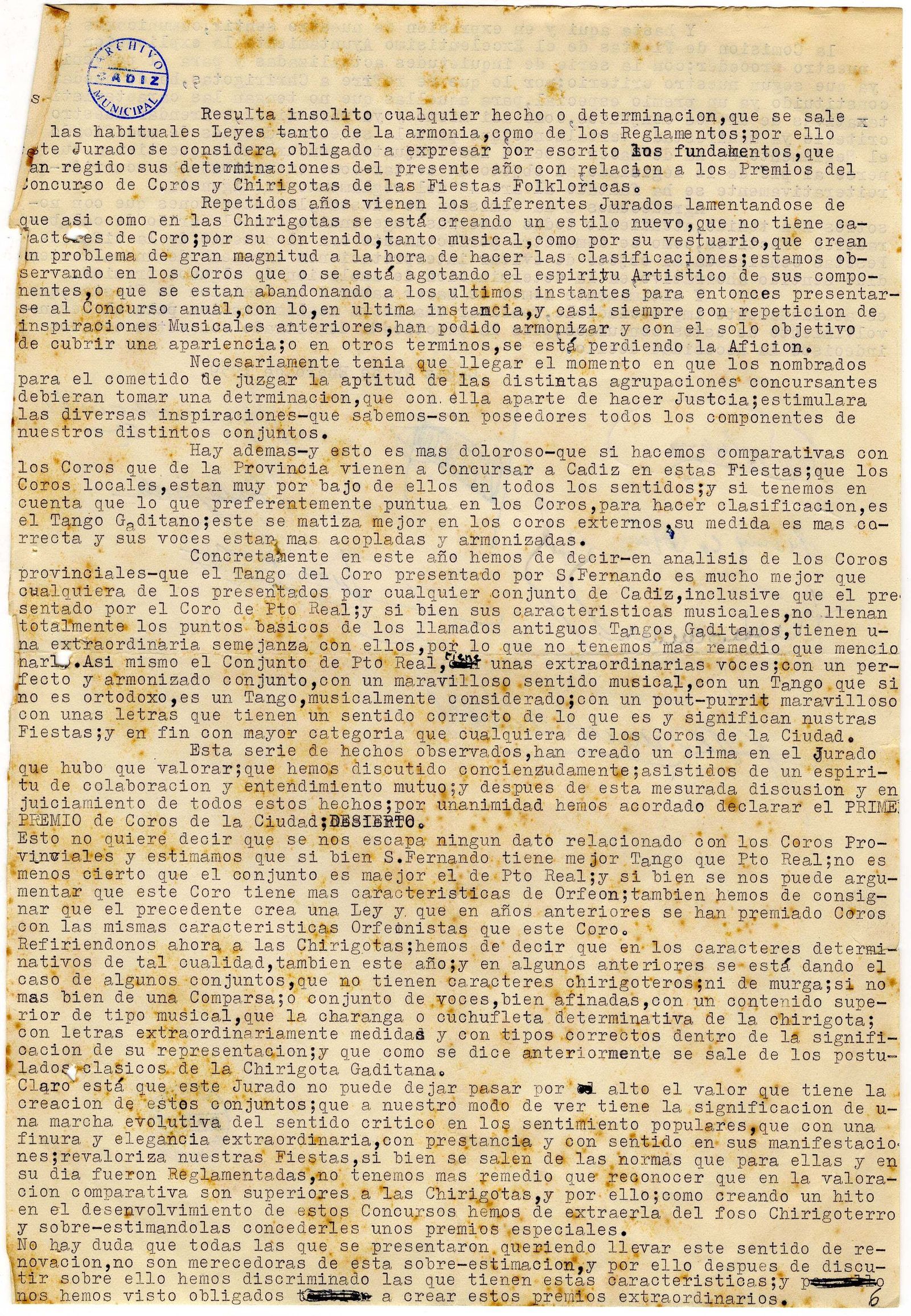 Argumentación del jurado de 1959 para dotar de premios especiales a conjuntos que se salen de las chirigotas y murgas