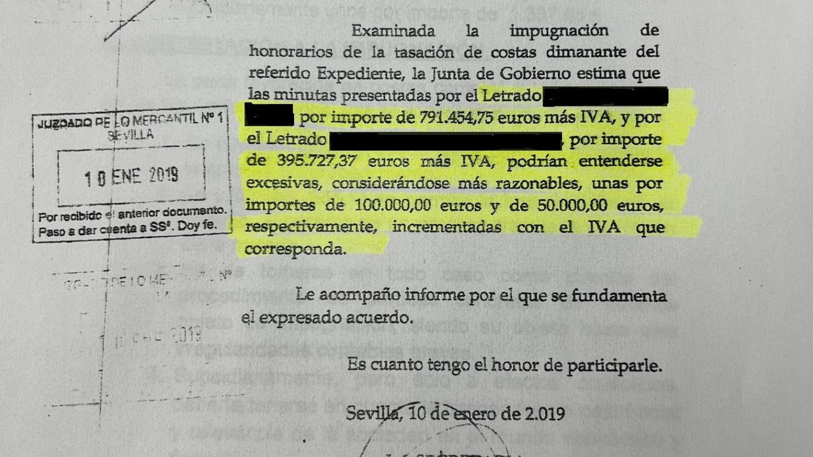 El informe del Colegio de Abogados que consideraba "más razonables" unas costas de 150.000 euros.