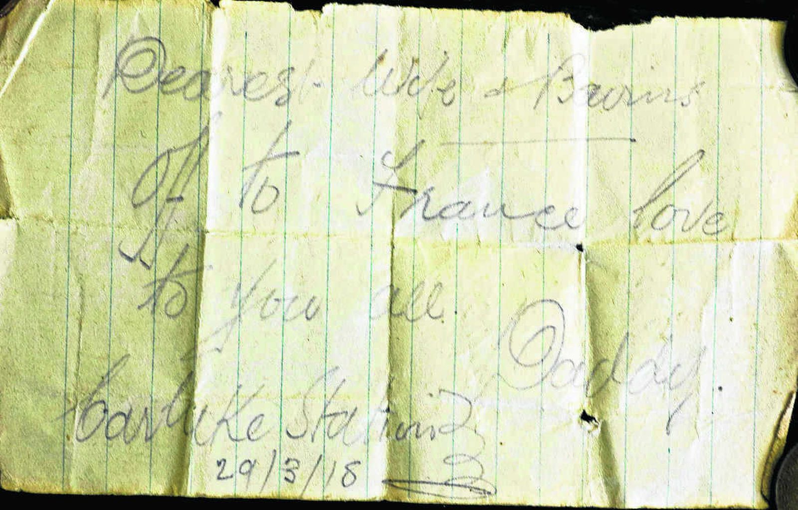 Nota que el sargento escocés George Cavan escribió para fue despedirse de su mujer e hijas de camino a Francia.