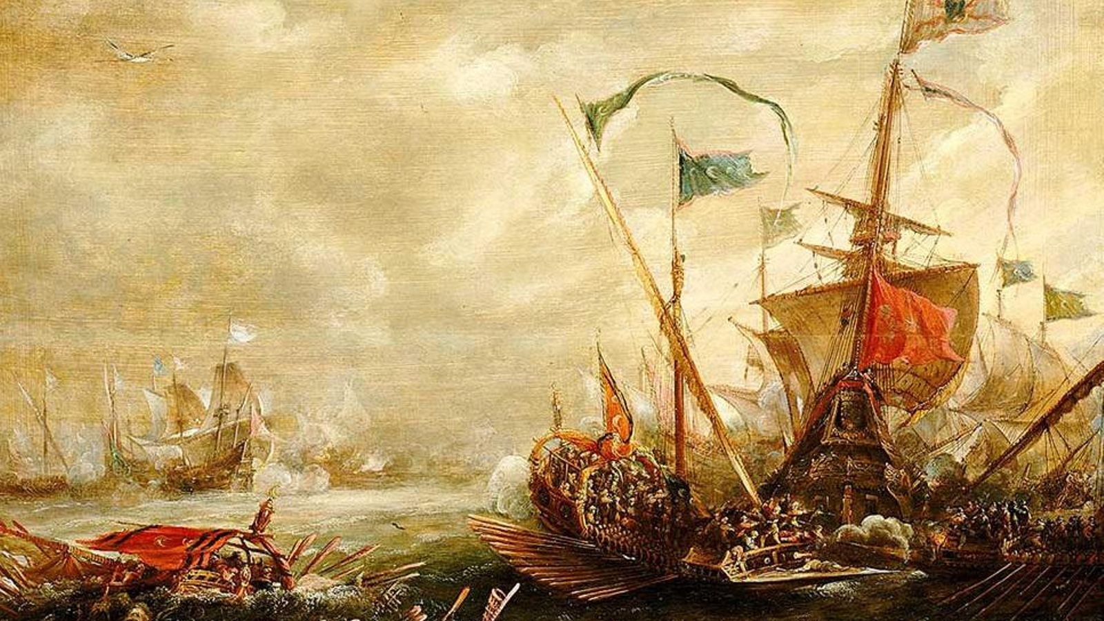 Óleo de Andries van Eertvelt, que representa un combate naval entre un galeón español y varias galeras berberiscas.