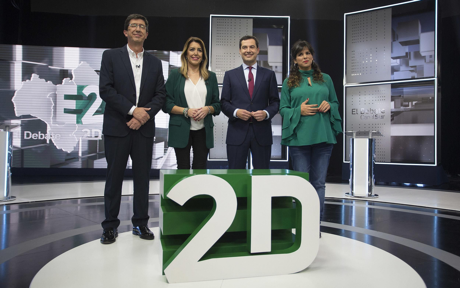 Juan Marín, Susana Díaz, Juanma Moreno y Teresa Rodríguez, antes de comenzar el debate.