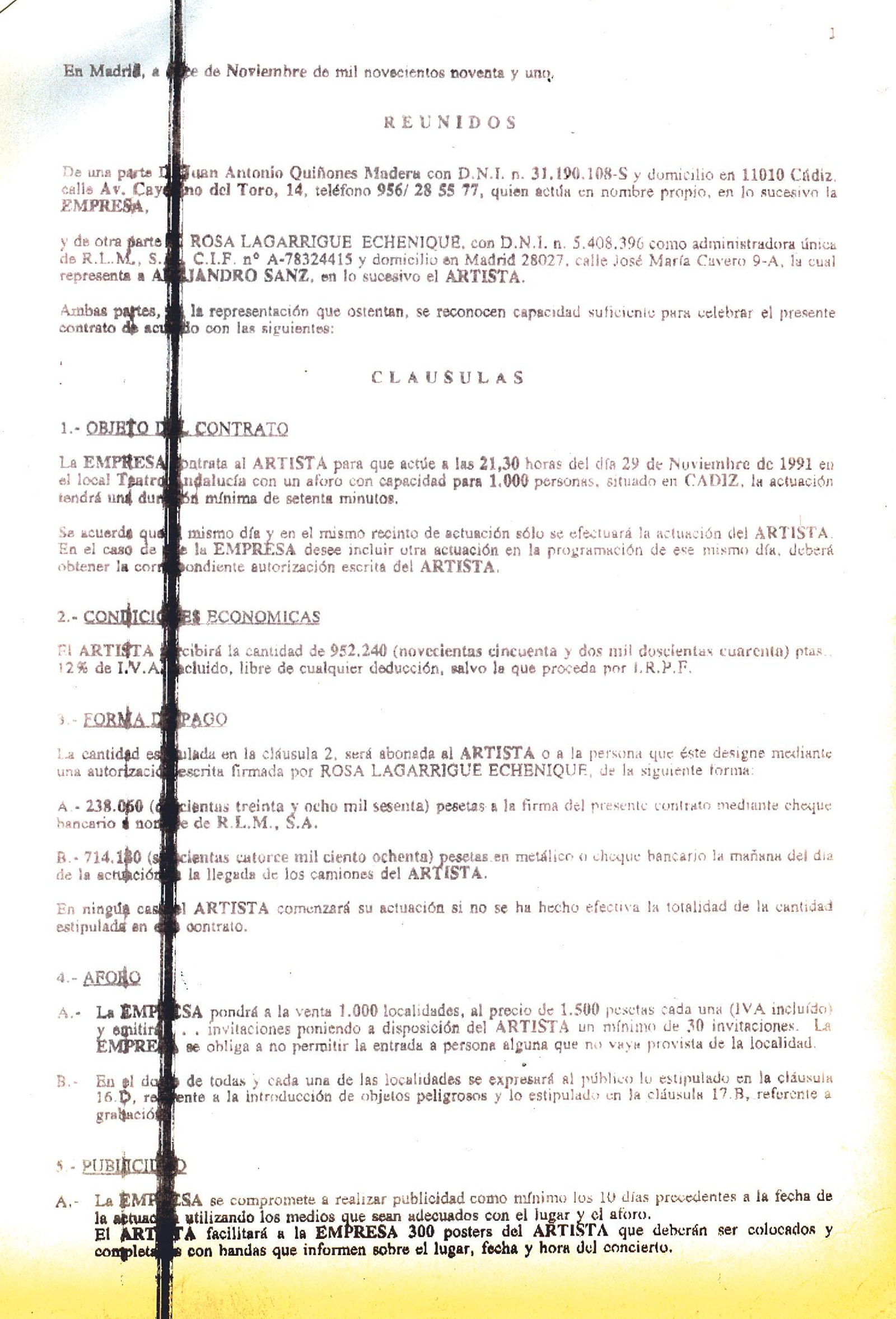 Primera página del contrato de la actuación de Alejandro Sanz en el Teatro Andalucía en el año 1991. Primera página del contrato de la actuación de Alejandro Sanz en el Teatro Andalucía en el año 1991.