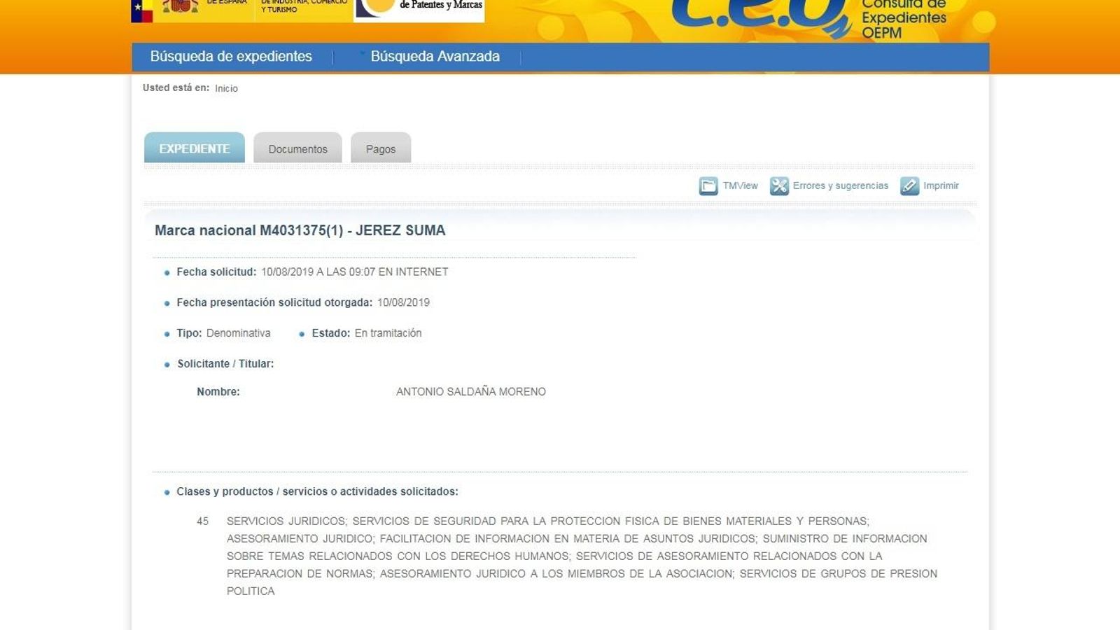 La marca Jerez Suma aparece en la base de datos de la Oficina Española de Patentes y Marcas