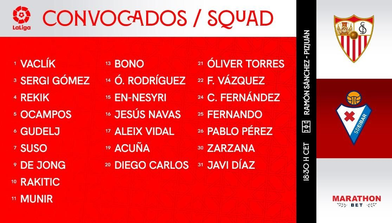 Lista de 23 convocados del Sevilla para recibir al Eibar.