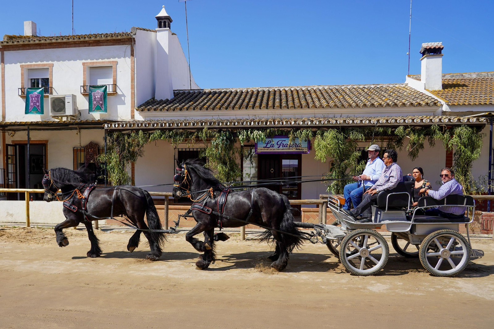 Un carruaje en la aldea del Rocío durante la pasada romería.