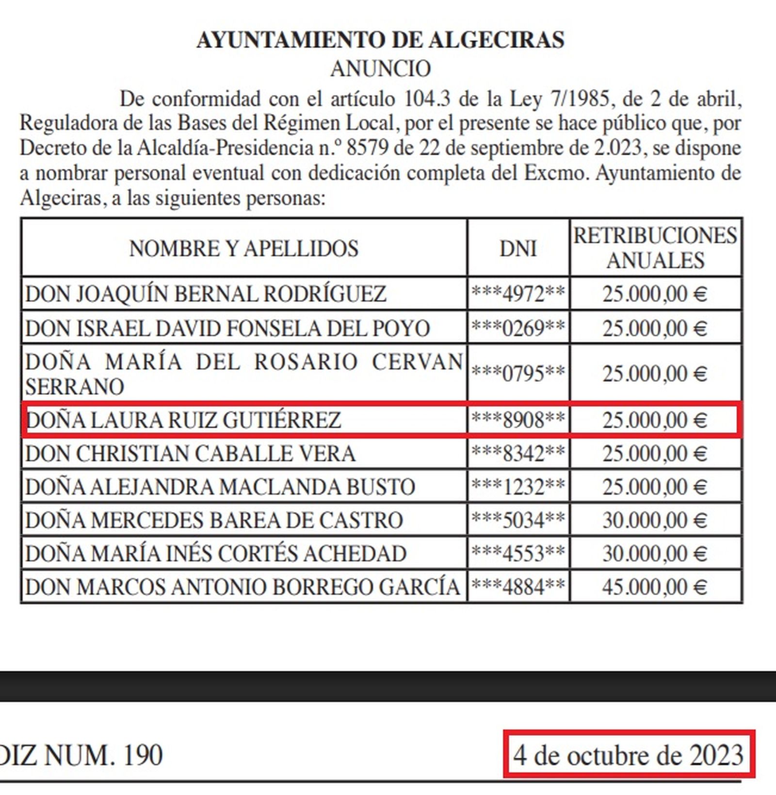 El anuncio del BOP de la contratación de Laura Ruiz.