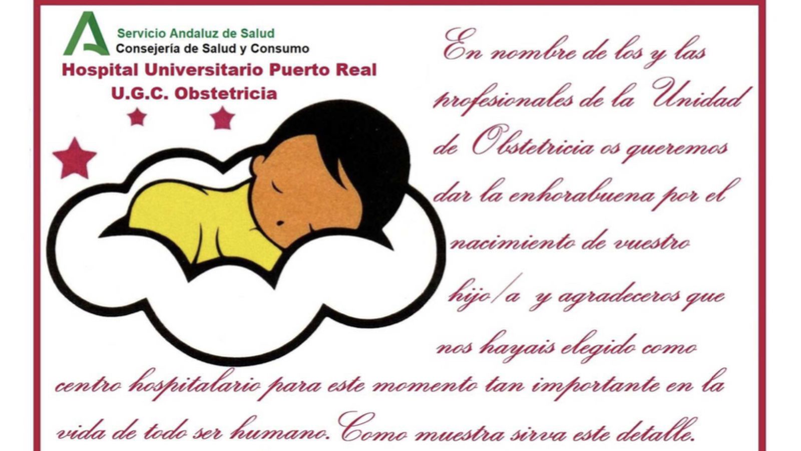 Tarjeta de felicitación que acompaña al desayuno