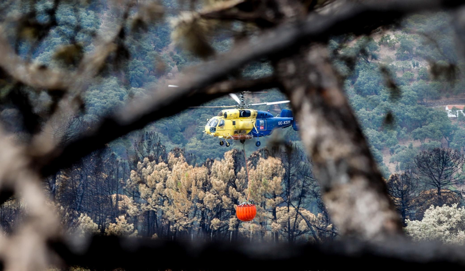 Un helicóptero durante las labores de extinción del incendio en Sierra Bermeja. Un helicóptero durante las labores de extinción del incendio en Sierra Bermeja.
