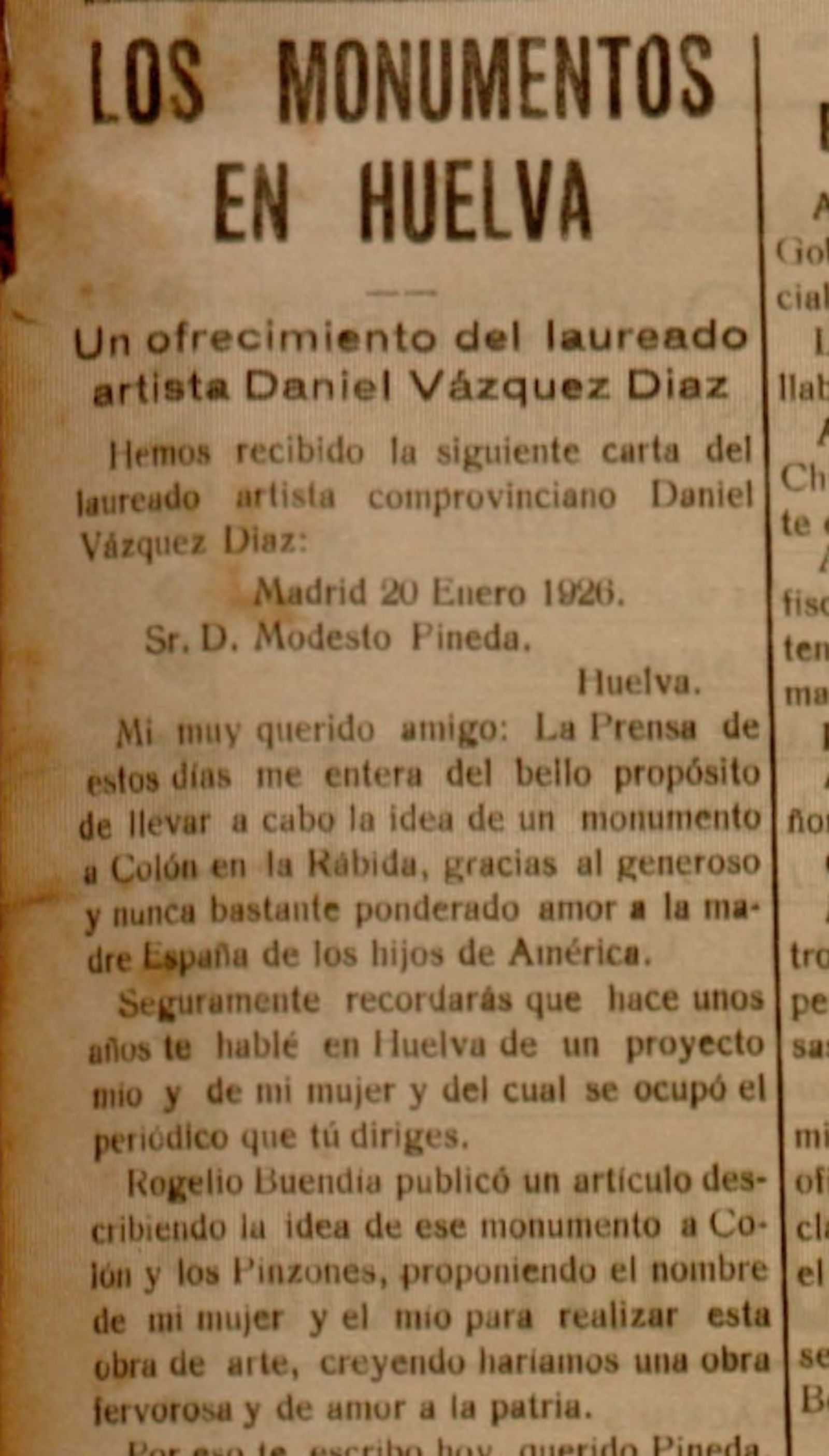 Carta enviada por Vázquez Díaz al periódico La Provincia, en 1926.