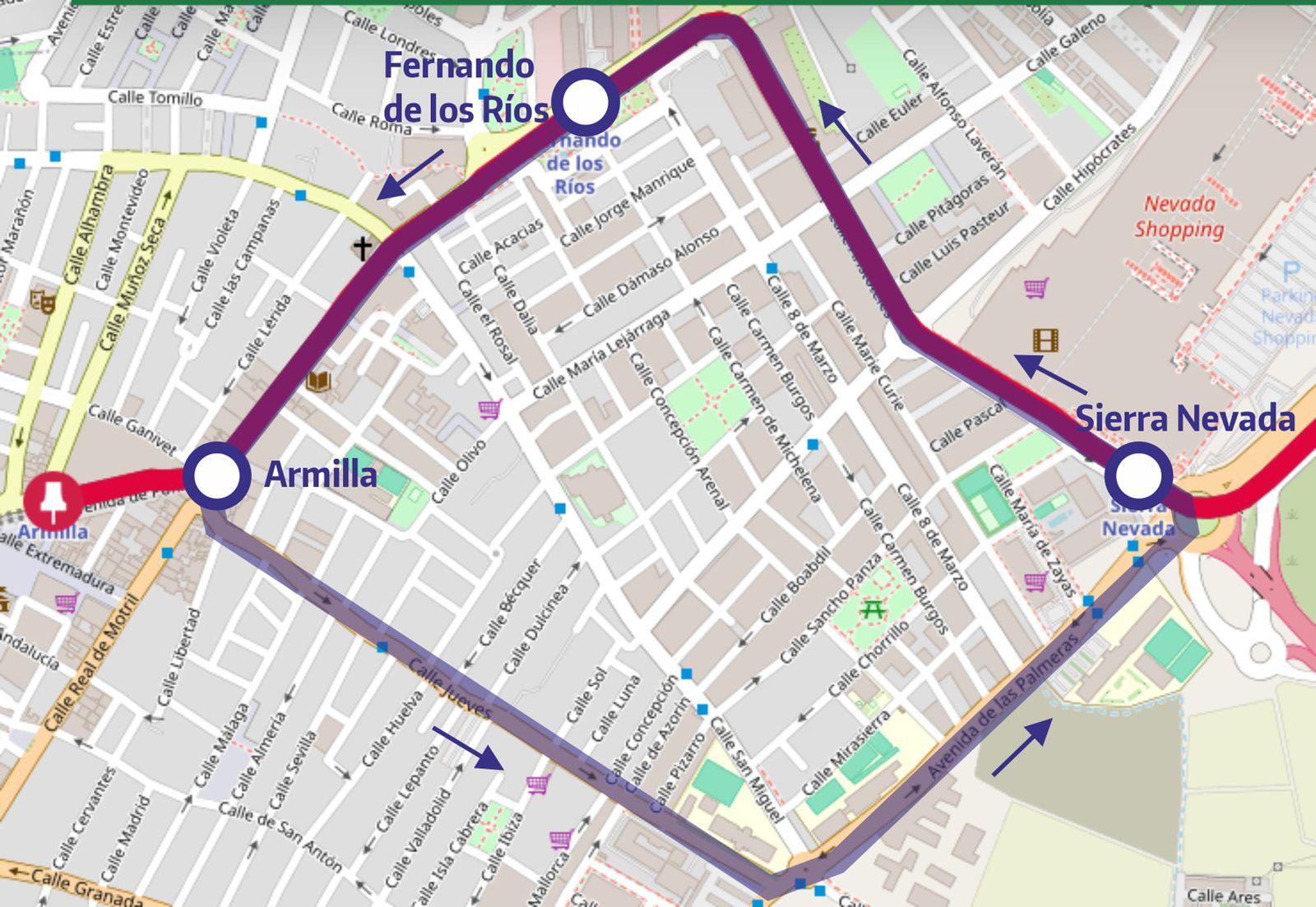 Mapa del recorrido del autobús lanzadera que conectará Armilla con la parada Sierra Nevada.