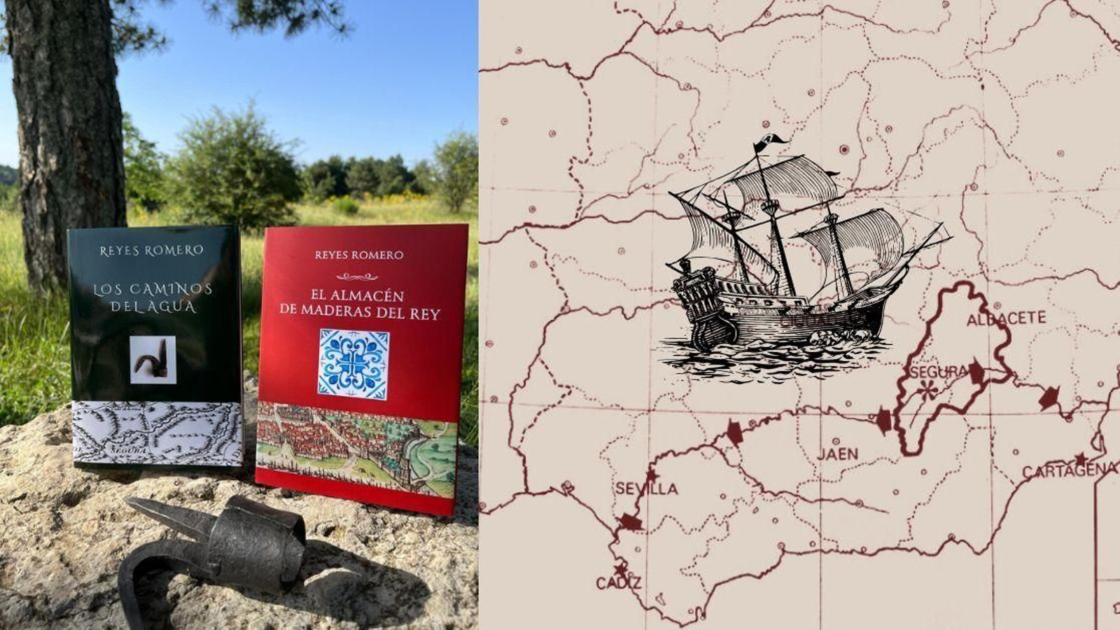 Las novelas de Reyes Moreno junto a un mapa donde consta la demarcación de Segura.