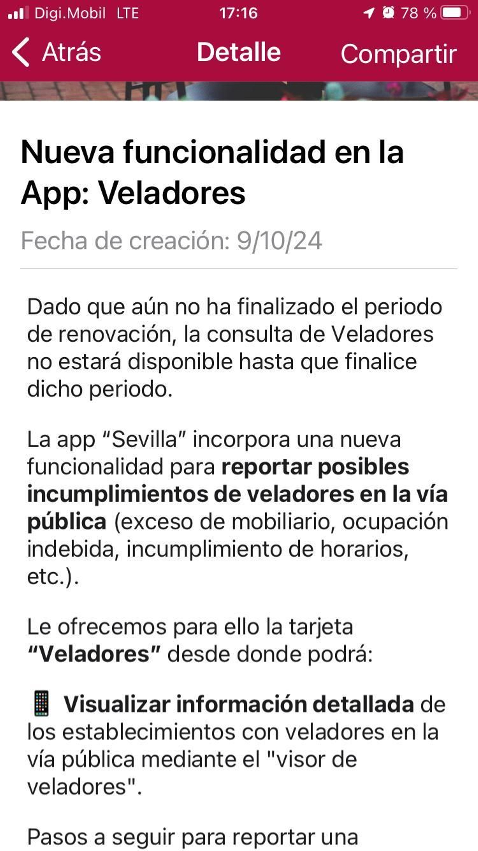 El mensaje que parece hoy en la app Sevilla .