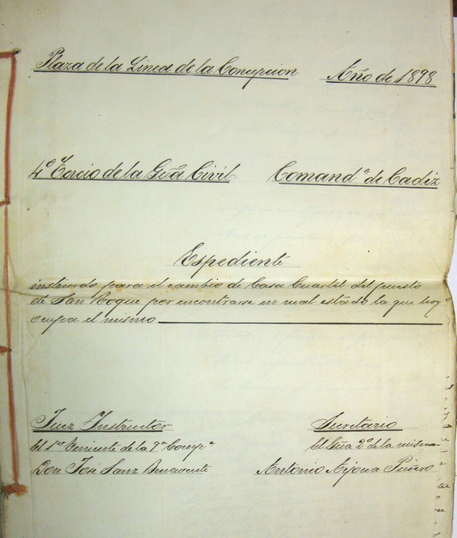 Portada del expediente instruido en 1898 para casa-cuartel en San Roque.