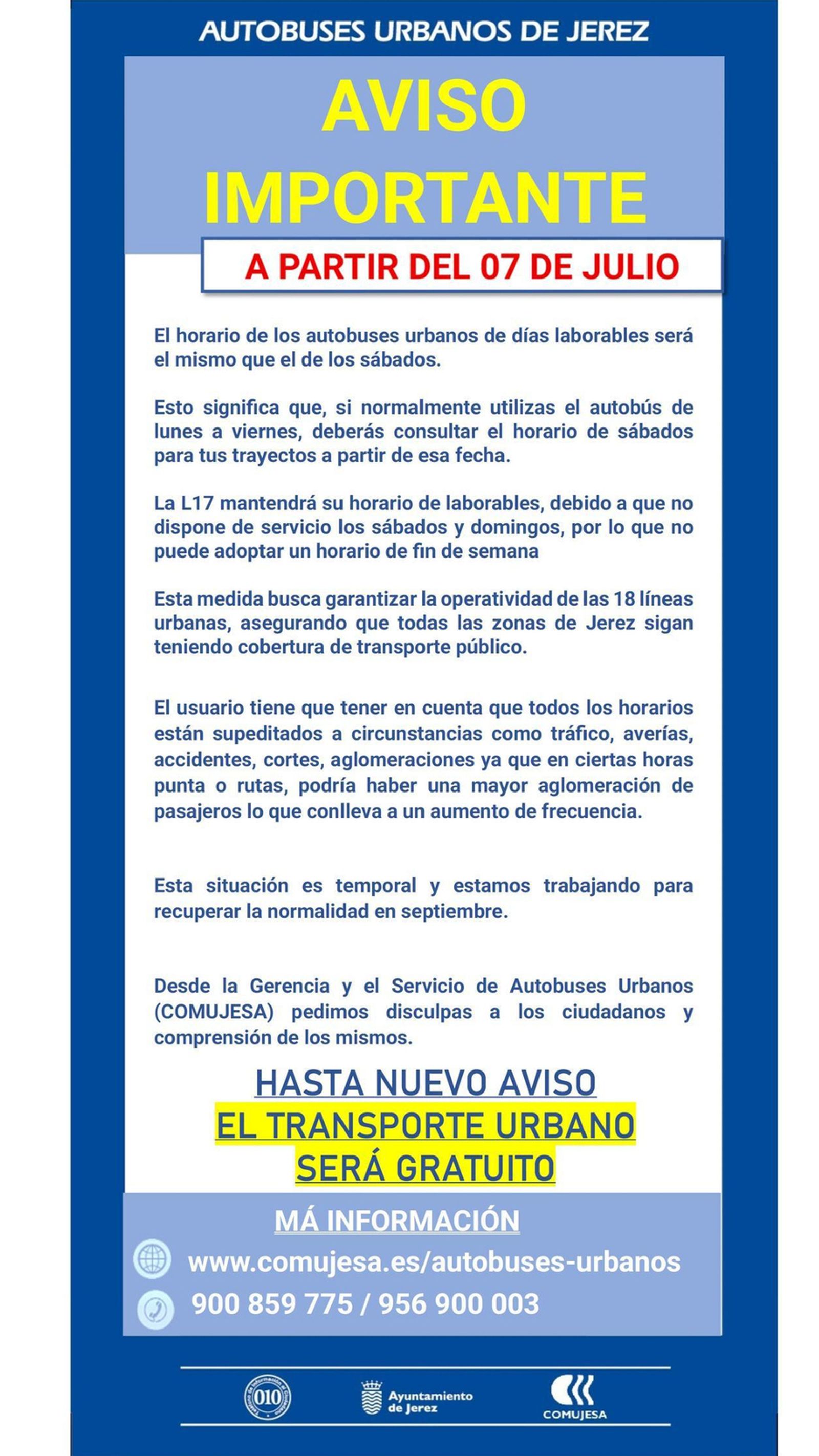 Anuncio de la empresa Comujesa con la reducción de frecuencias en el servicio.