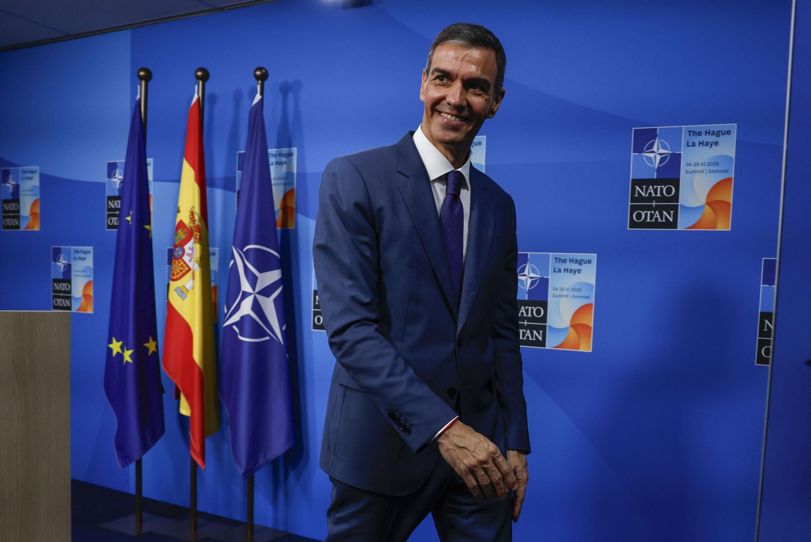 Pedro Sánchez tras la rueda de prensa posterior a la cumbre de la OTAN.