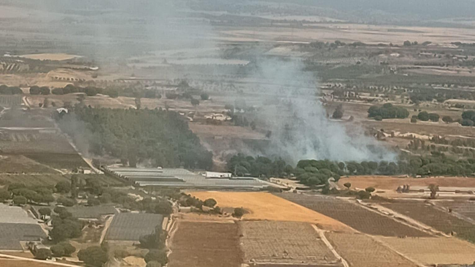 Gran columna de humo provocada por el incendio en Bonares.
