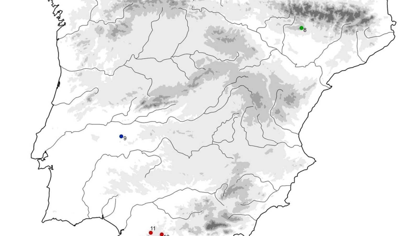 Mapa con la distribución por zonas de cavidades y abrigos con grafias de manos: 1) Tito Bustillo, Ribadesella, Asturias. 2) Fuentes del Salín, Val de San Vicente, Cantabria. 3) Altamira, Santillana del Mar, Cantabria. 4) El Castillo, Puente Viesgo, Cantabria. 5) Cudón, Miengo, Cantabria. 6) La Garma, Omoño, Cantabria. 7) La Lastrilla, Sámano-Castro Urdiales, Cantabria. 8) Fuente del Trucho, Asque-Colungo, Huesca. 9) Maltravieso, Cáceres, Extremadura. 10) Ardales, Ardales, Málaga. 11) La Pileta, Benaoján, Málaga. 12) Gorham´s Cave, Gibraltar. 13) Estrellas, Castellar de la Frontera, Cádiz. 14) Palomas IV, Tarifa, Cádiz.