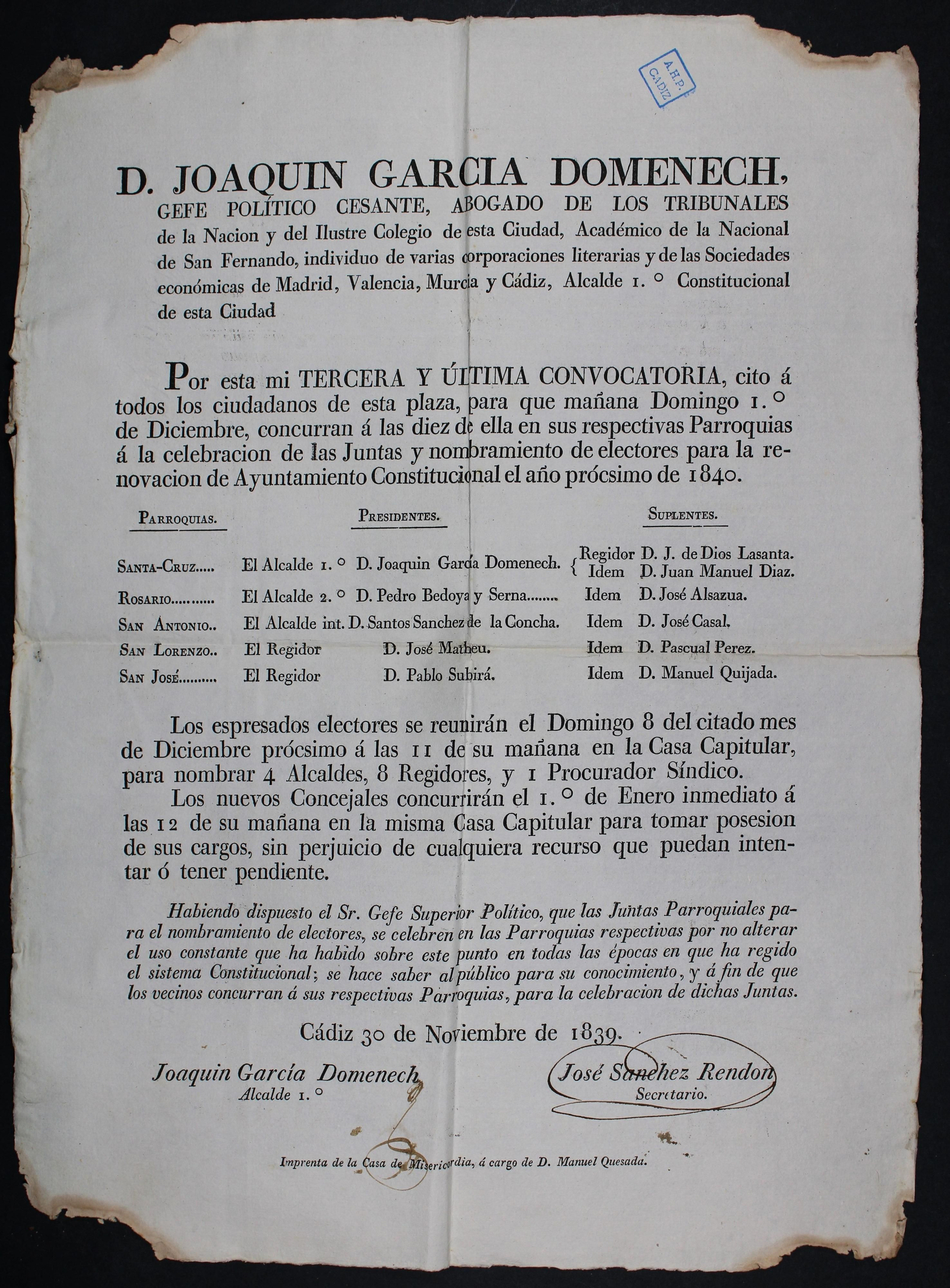Convocatoria de juntas de parroquias del año 1839. Convocatoria de juntas de parroquias del año 1839.