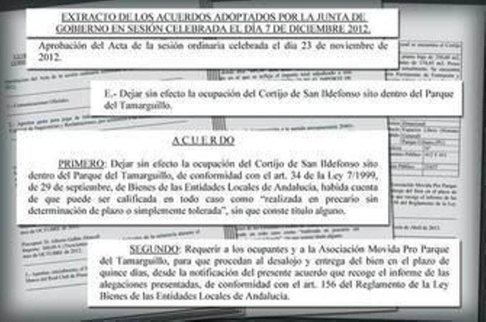 Extractos del acuerdo del gobierno local que ordena el desalojo del Cortijo de San Ildefonso.