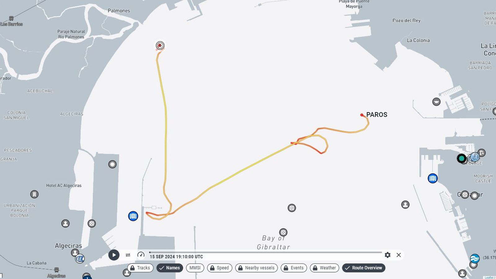 Trayectoria del 'Paros' entre los días 15 y 16 de septiembre.