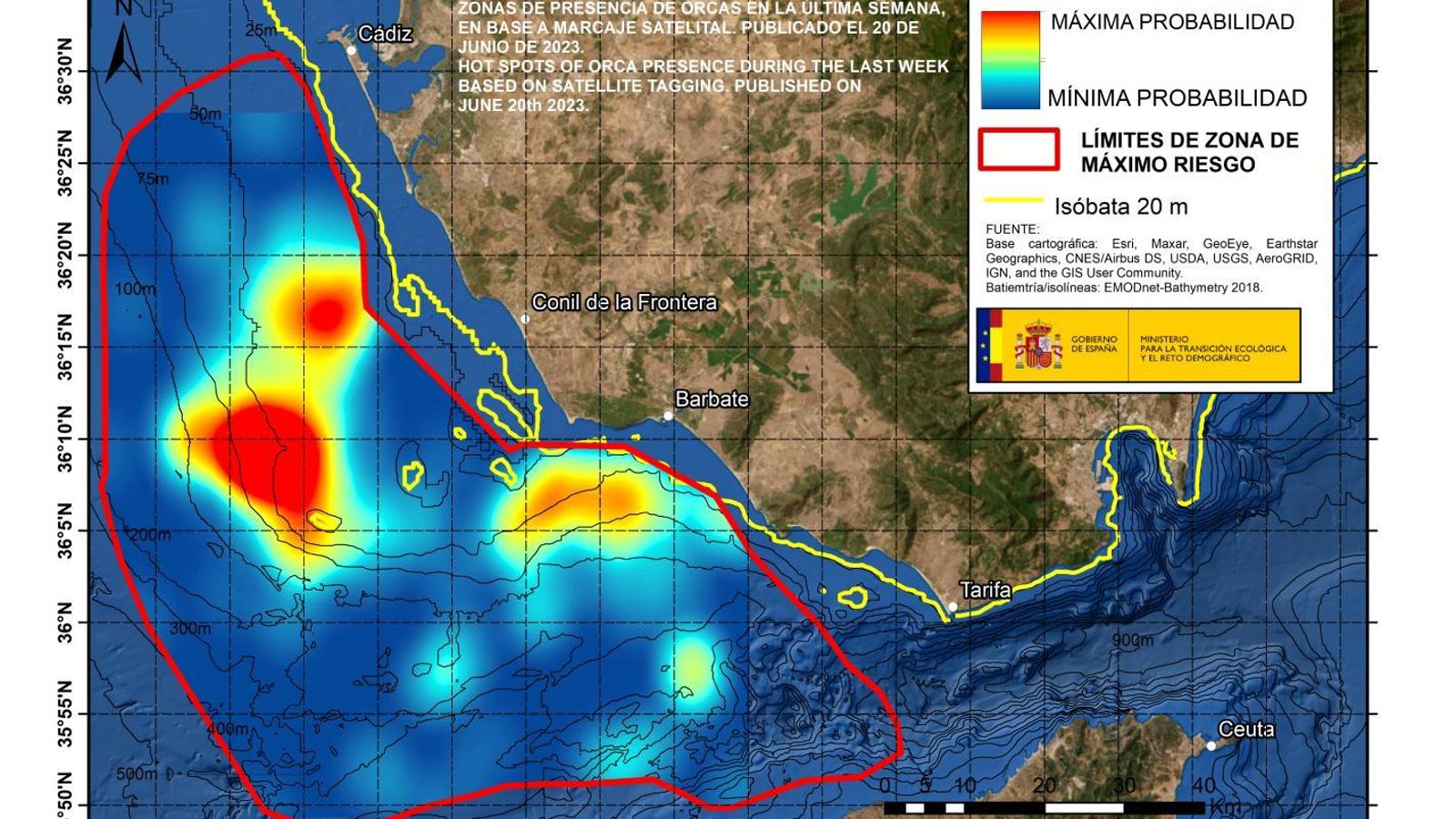 Mapa del Estrecho de Gibraltar donde se han producido avistamientos de Orcas en la última semana, según el marcaje satelital.