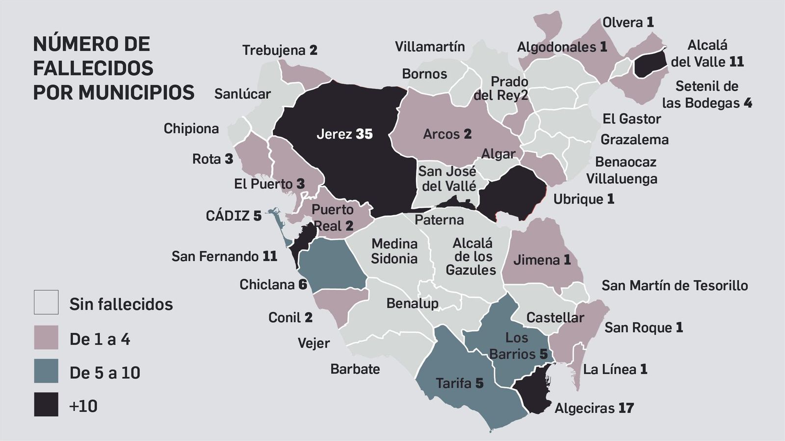 Mapa de fallecidos por municipios en la provincia de Cádiz
