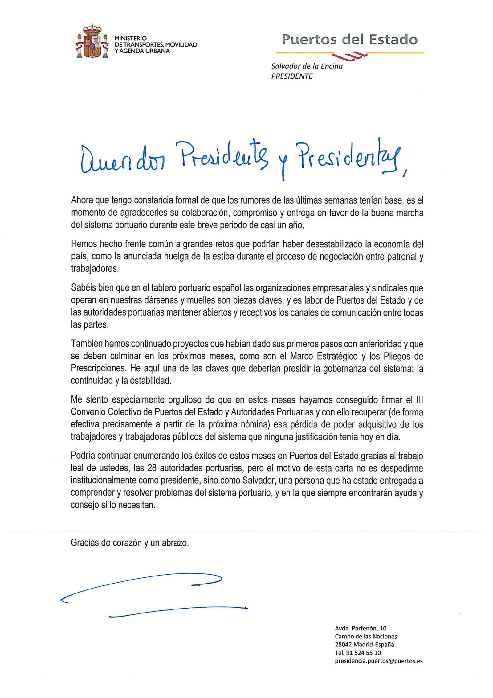 La carta enviada por Salvador de la Encina a los presidentes de los puertos
