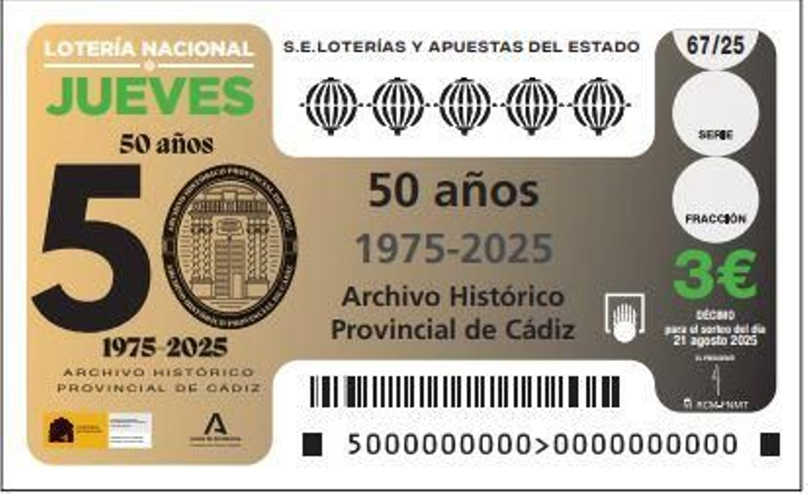 El boleto dedicado al 50 aniversario del Archivo Histórico Provincial.