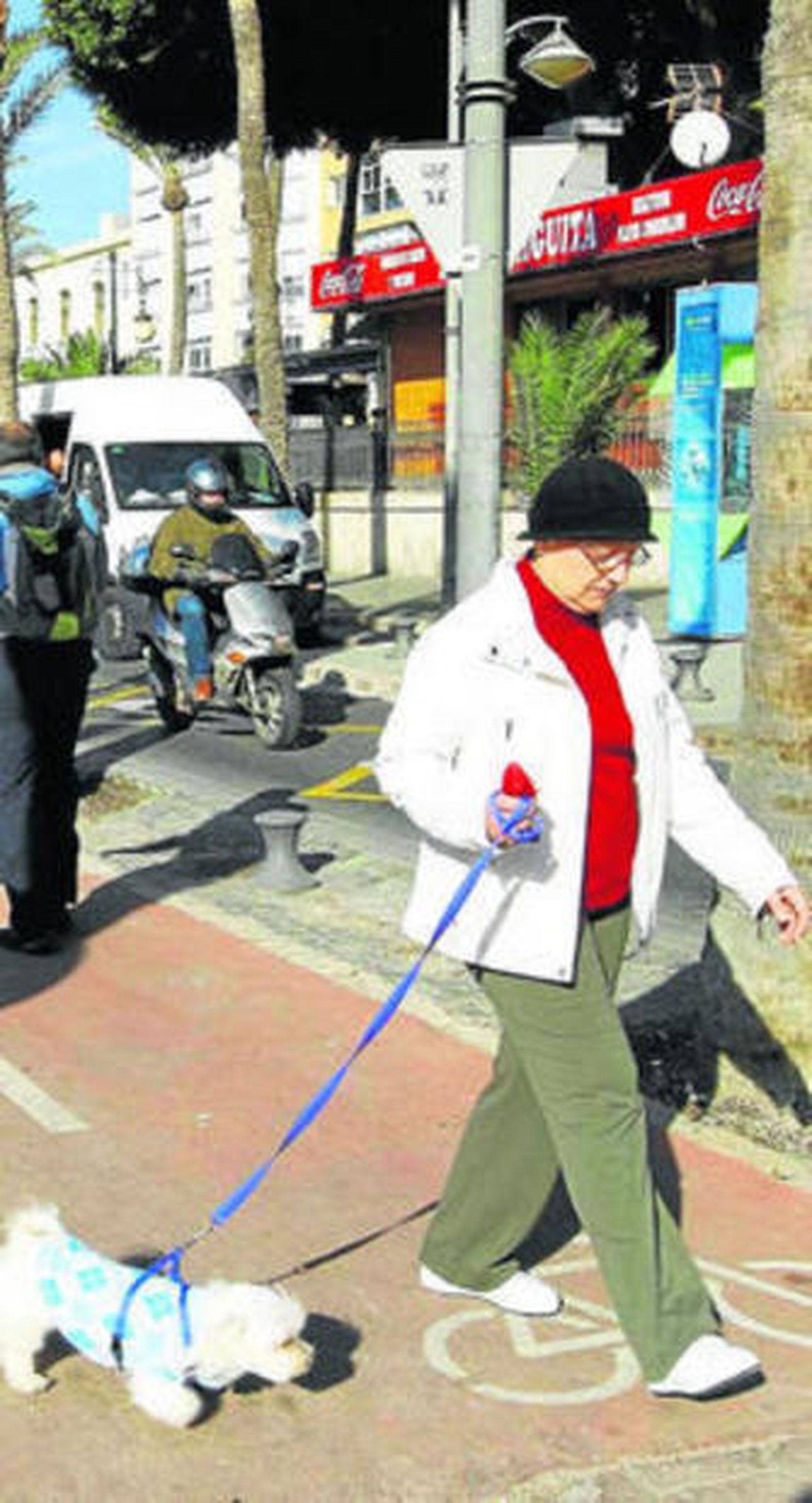 Una señora pasea con su perro sobre el carril bici del Parque.