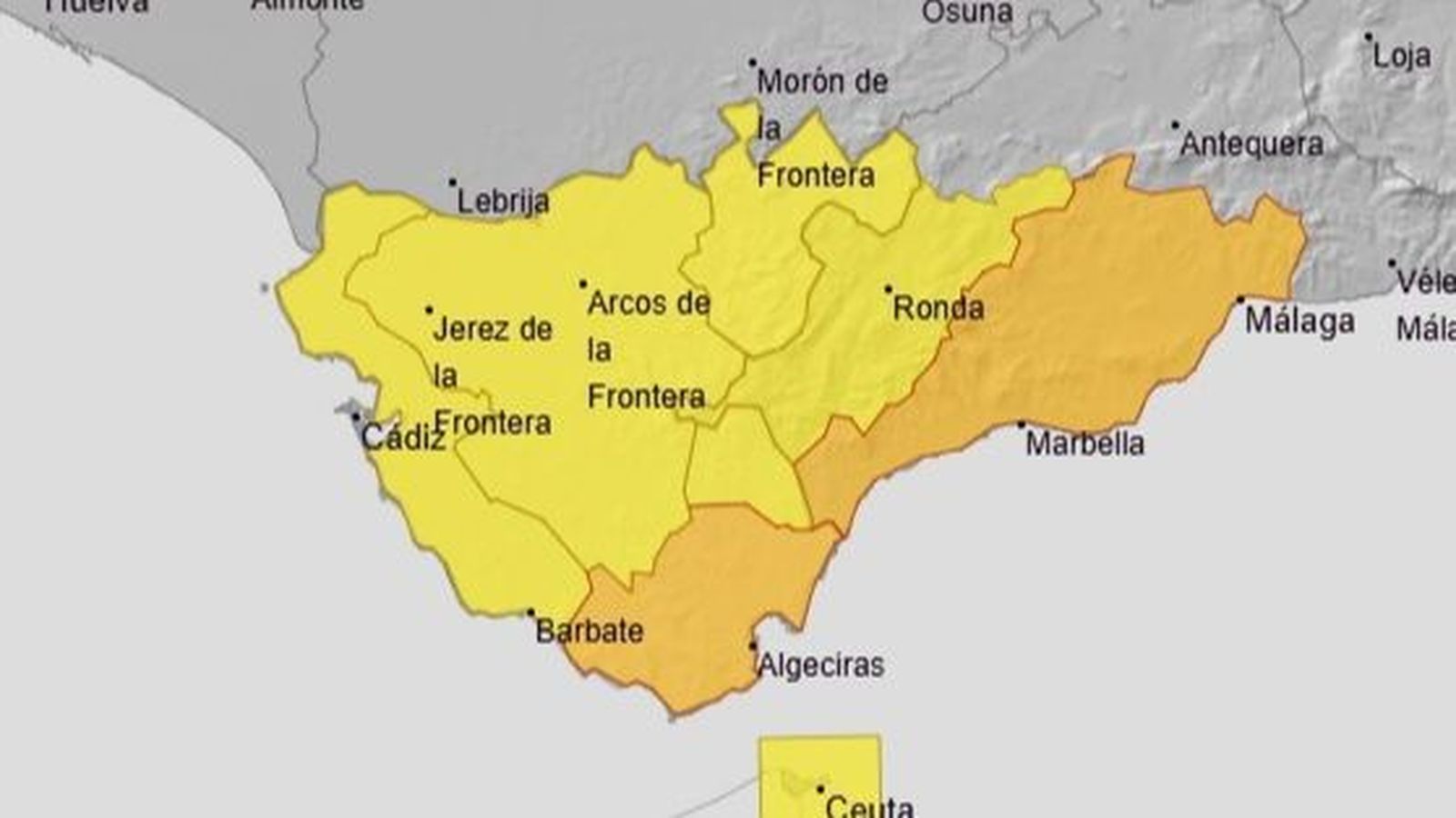 El mapa, con el aviso naranja en la provincia de Cádiz