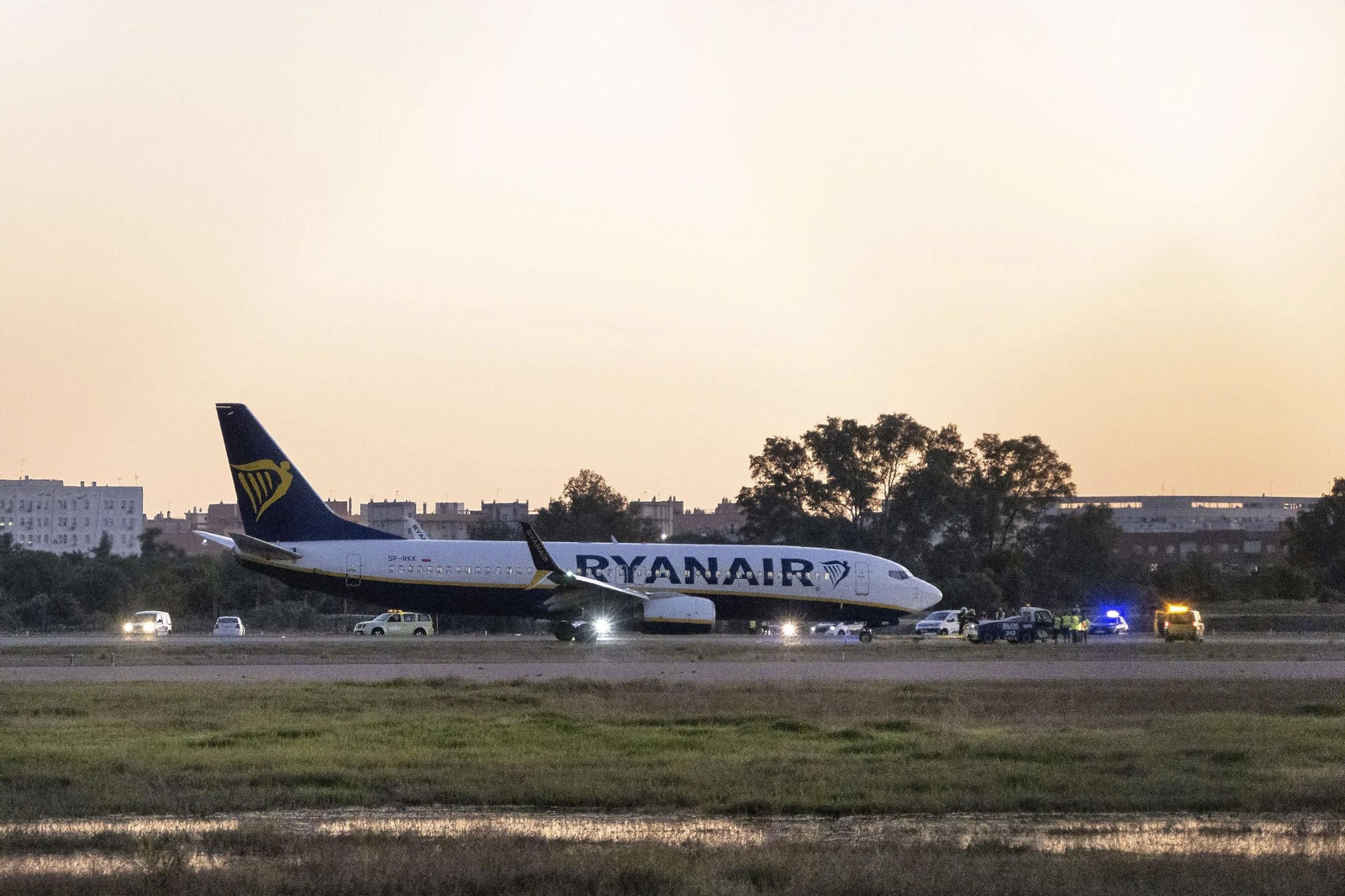 El avión de Ryanair que ha tenido que hacer un aterrizaje de emergencia en Sevilla.