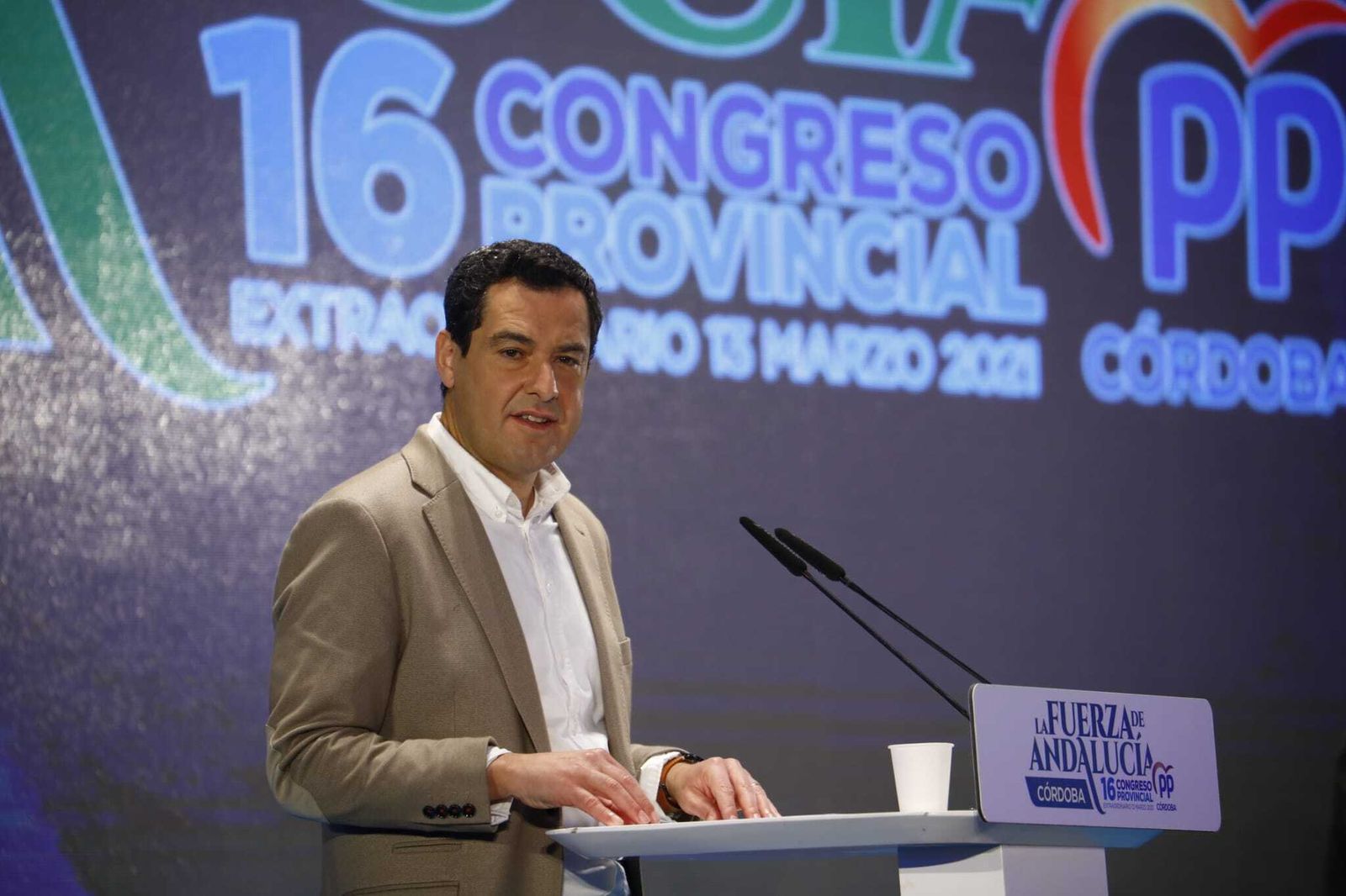 Juanma Moreno durante su intervención en el Congreso Provincial del PP de Córdoba.