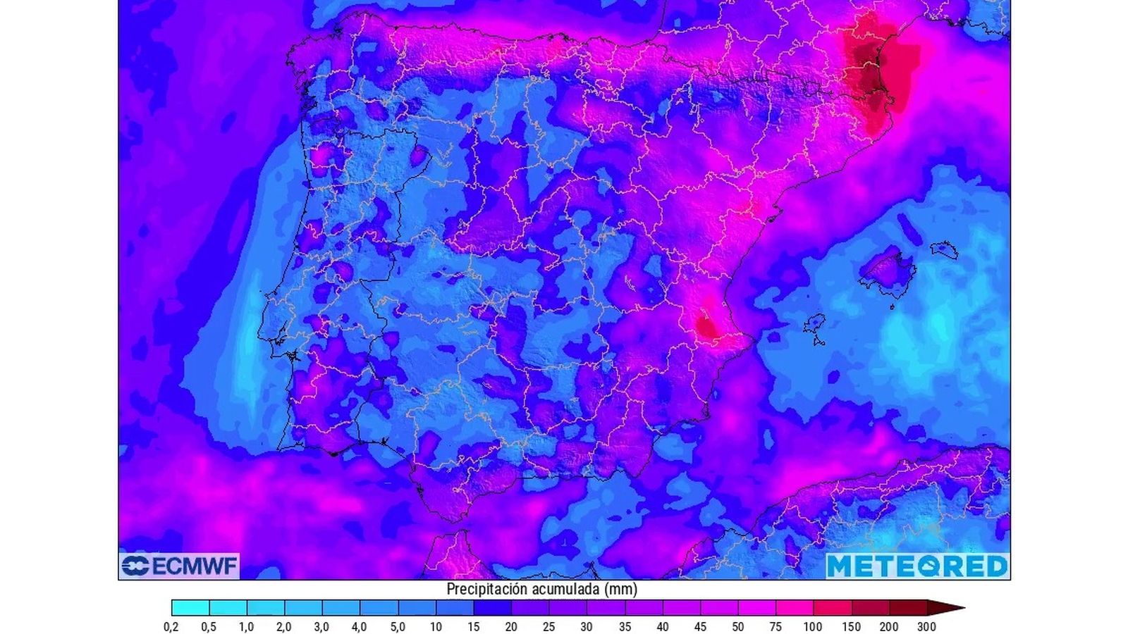 Precipitación acumulada prevista hasta el domingo por la borrasca Regina y una dana.